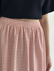 Long cotton checkered skirt with braid powder/milk