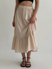 Long cotton checkered skirt with braid beige/milk