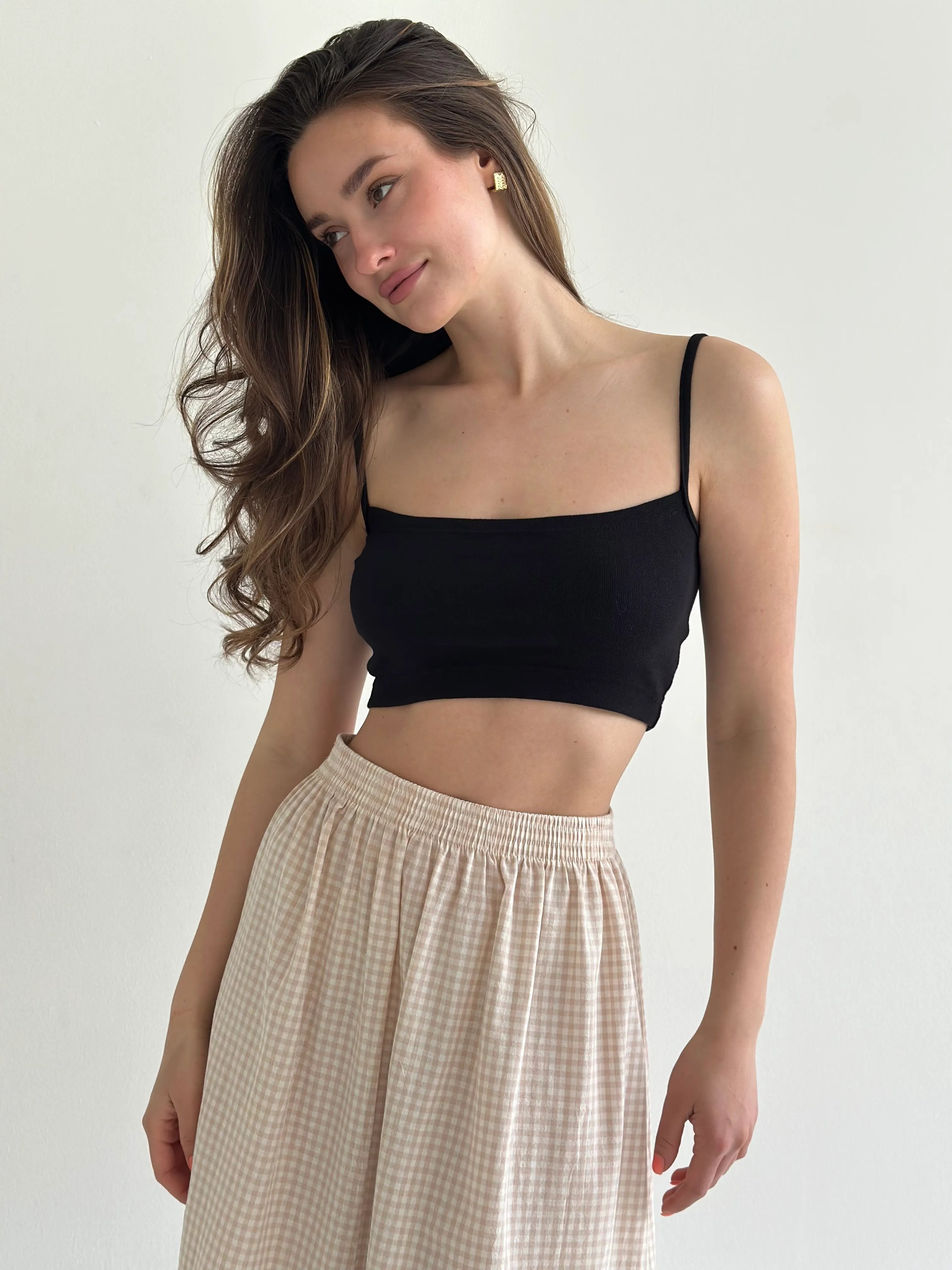 Long cotton checkered skirt with braid beige/milk