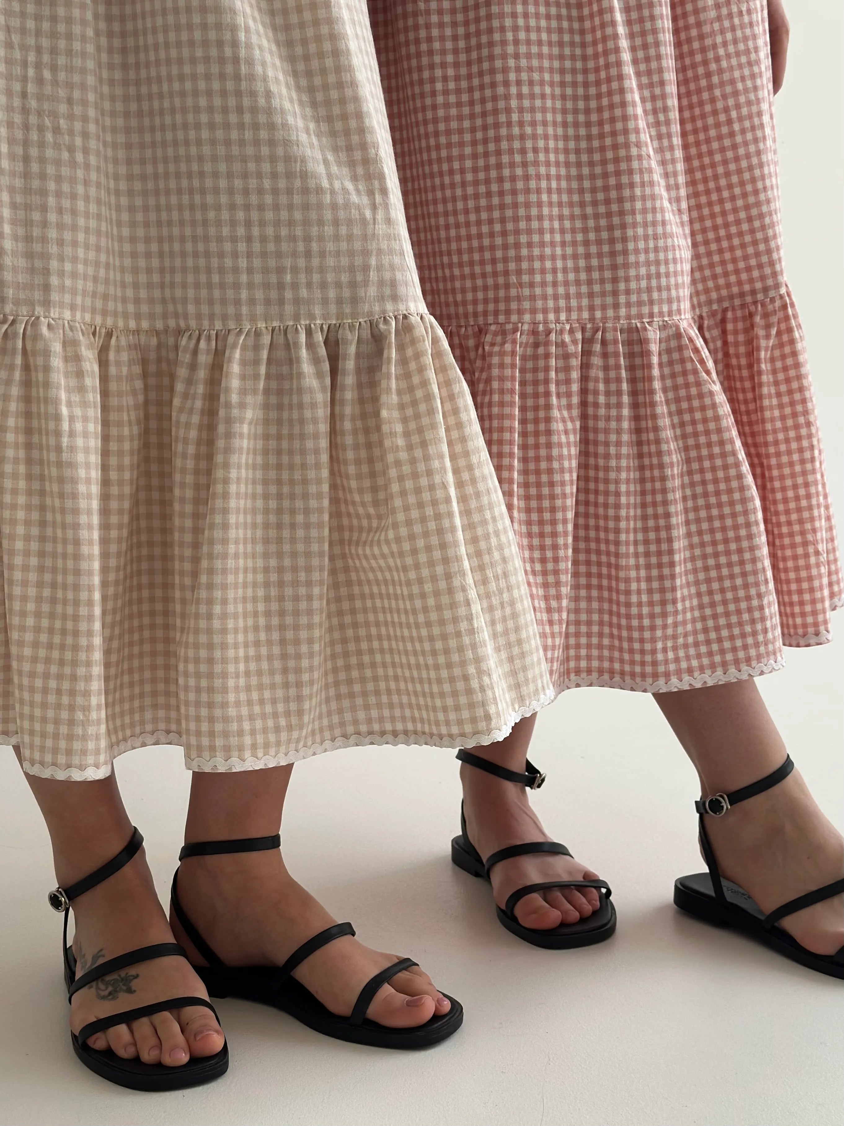 Long cotton checkered skirt with braid beige/milk