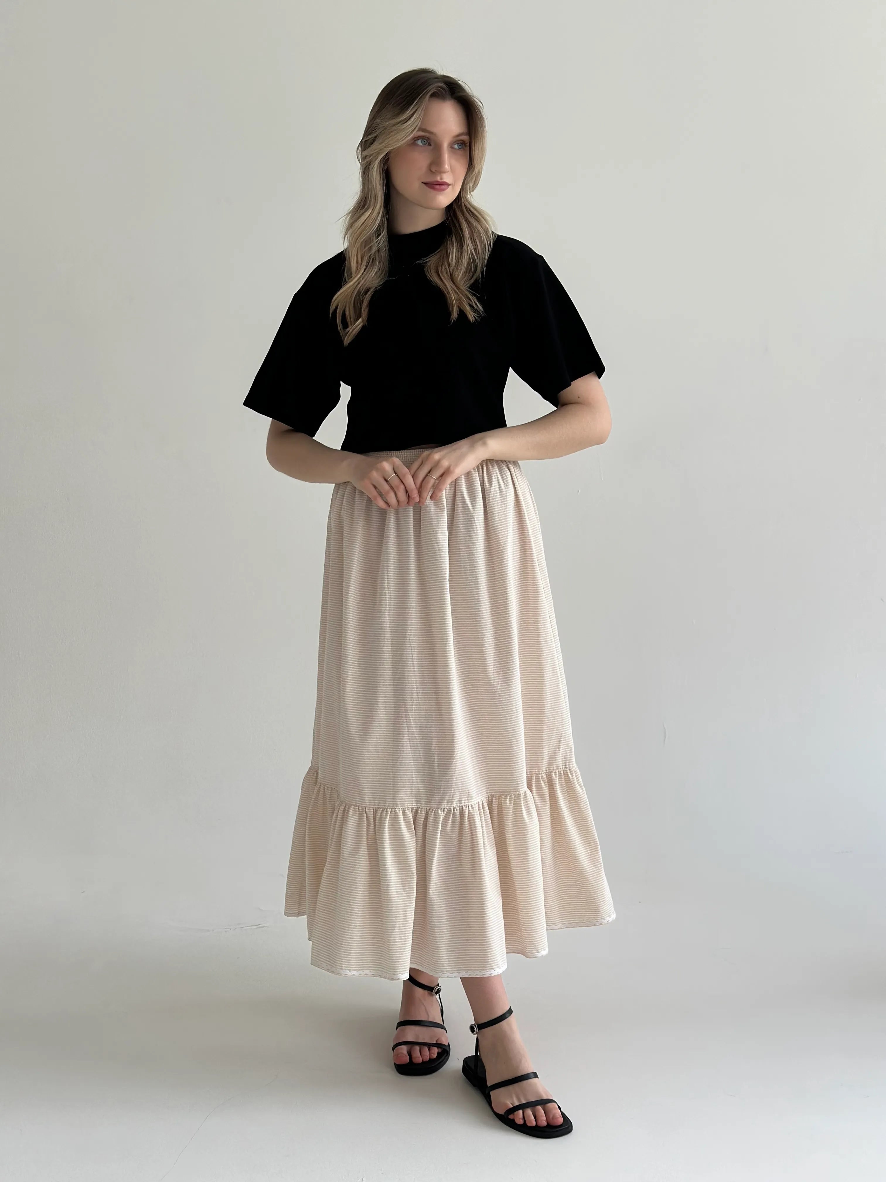 Long thin striped cotton skirt with braid beige/milk