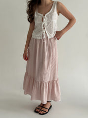Long thin striped cotton skirt with braid, powder/milk