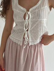 Long thin striped cotton skirt with braid, powder/milk