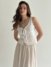 Long thin striped cotton skirt with braid beige/milk