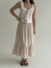 Long thin striped cotton skirt with braid beige/milk