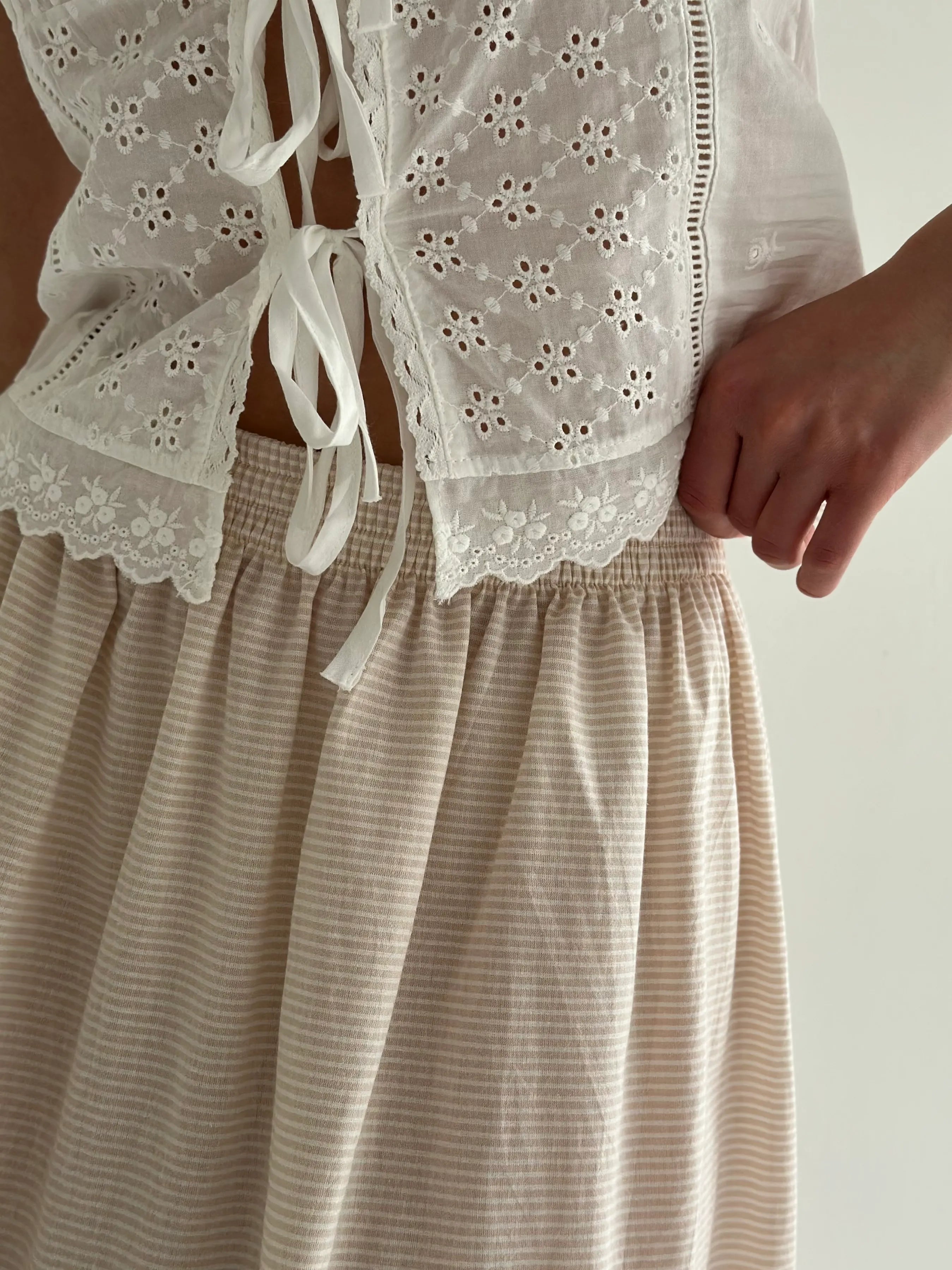 Long thin striped cotton skirt with braid beige/milk