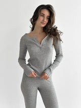 Set of long sleeves with stand-up collar and leggings, waffle knit, gray
