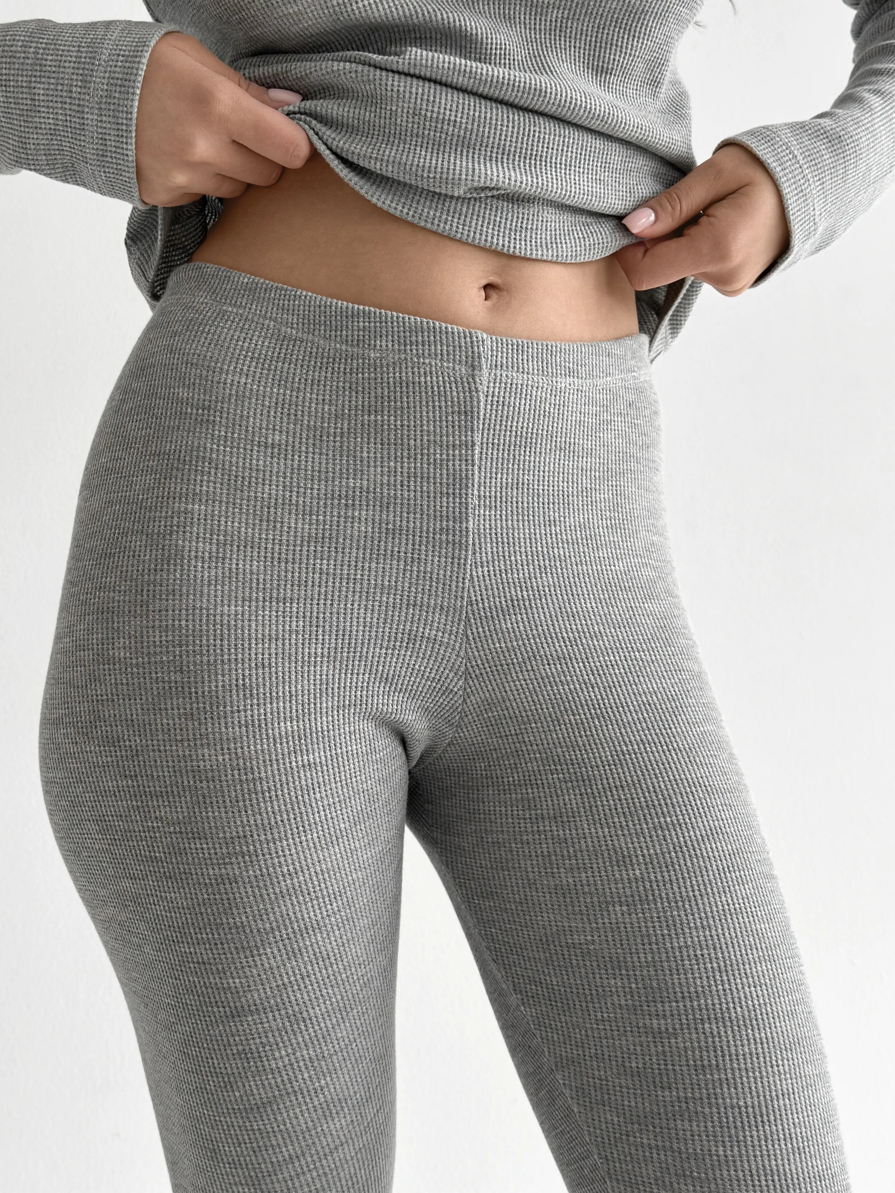 Set of long sleeves with stand-up collar and leggings, waffle knit, gray