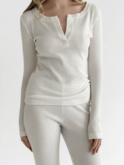 Set of long sleeves with stand-up collar and leggings, waffle knit, milky