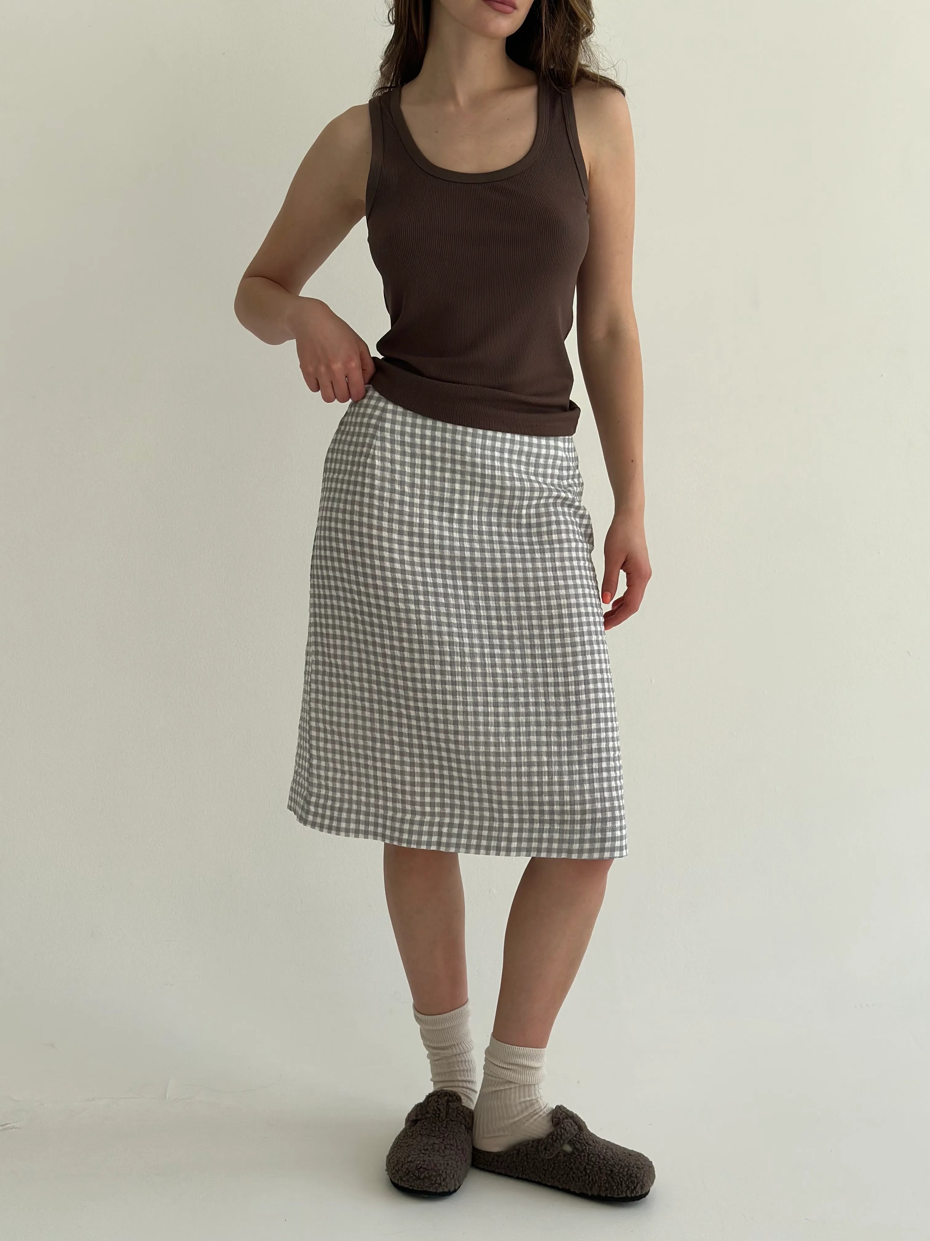 Muslin 2-layer Midi skirt, gray check on milky