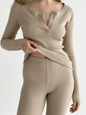 Set of long sleeves with stand-up collar and leggings, beige waffle knit