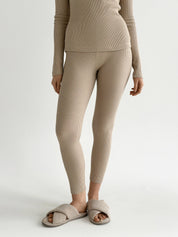 Set of long sleeves with stand-up collar and leggings, beige waffle knit