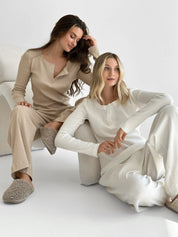 Wide-leg pants waffle knit milky
