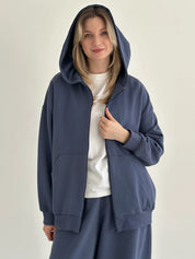 Cotton Sweatshirt with a hood and a zipper, knitwear 3-ply, blue