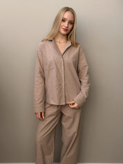 Flannel pajama set beige with small polka dots