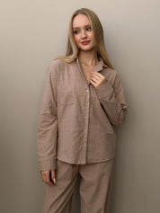 Flannel pajama set beige with small polka dots