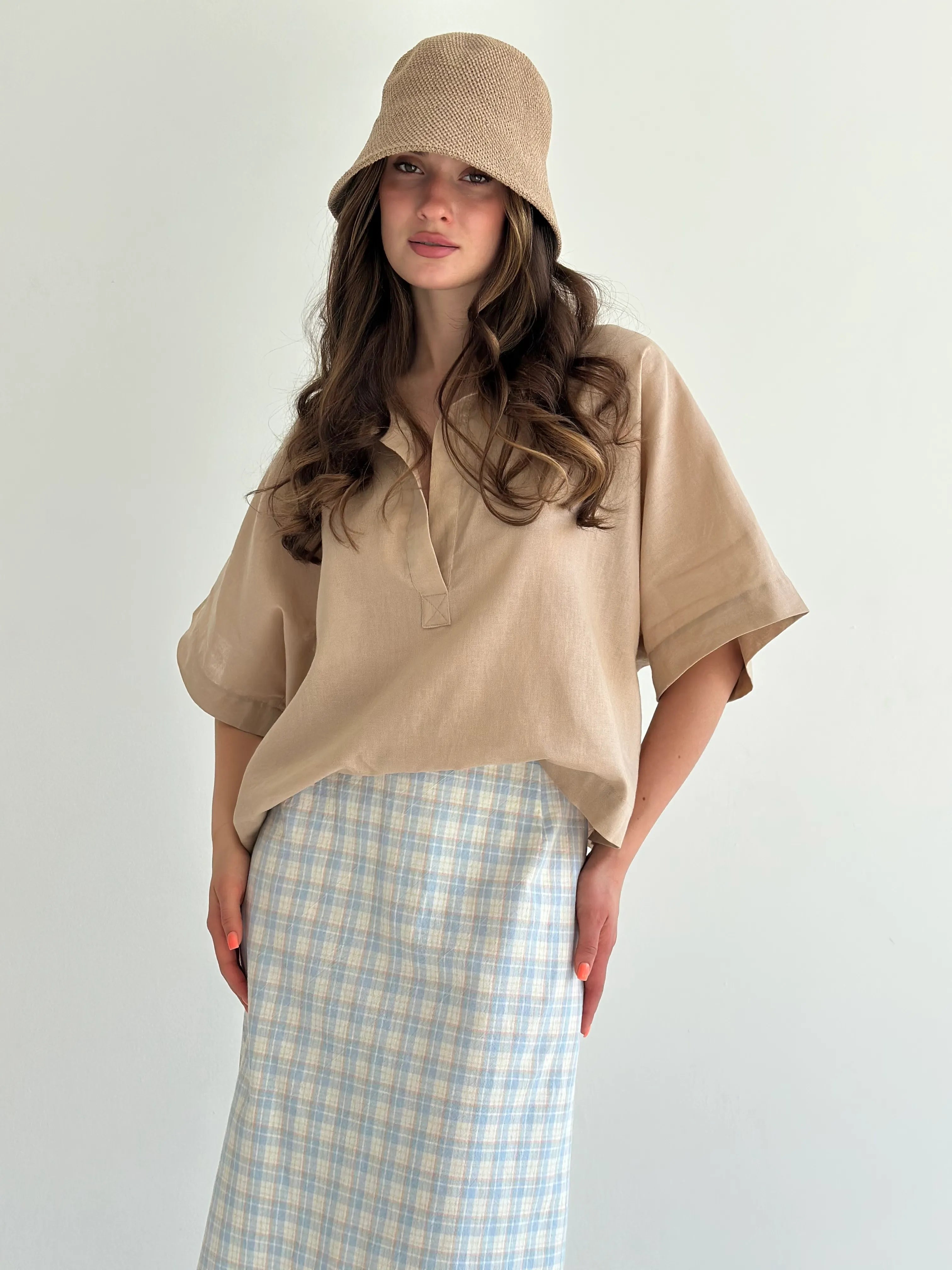 Cotton Midi Skirt Check Blue