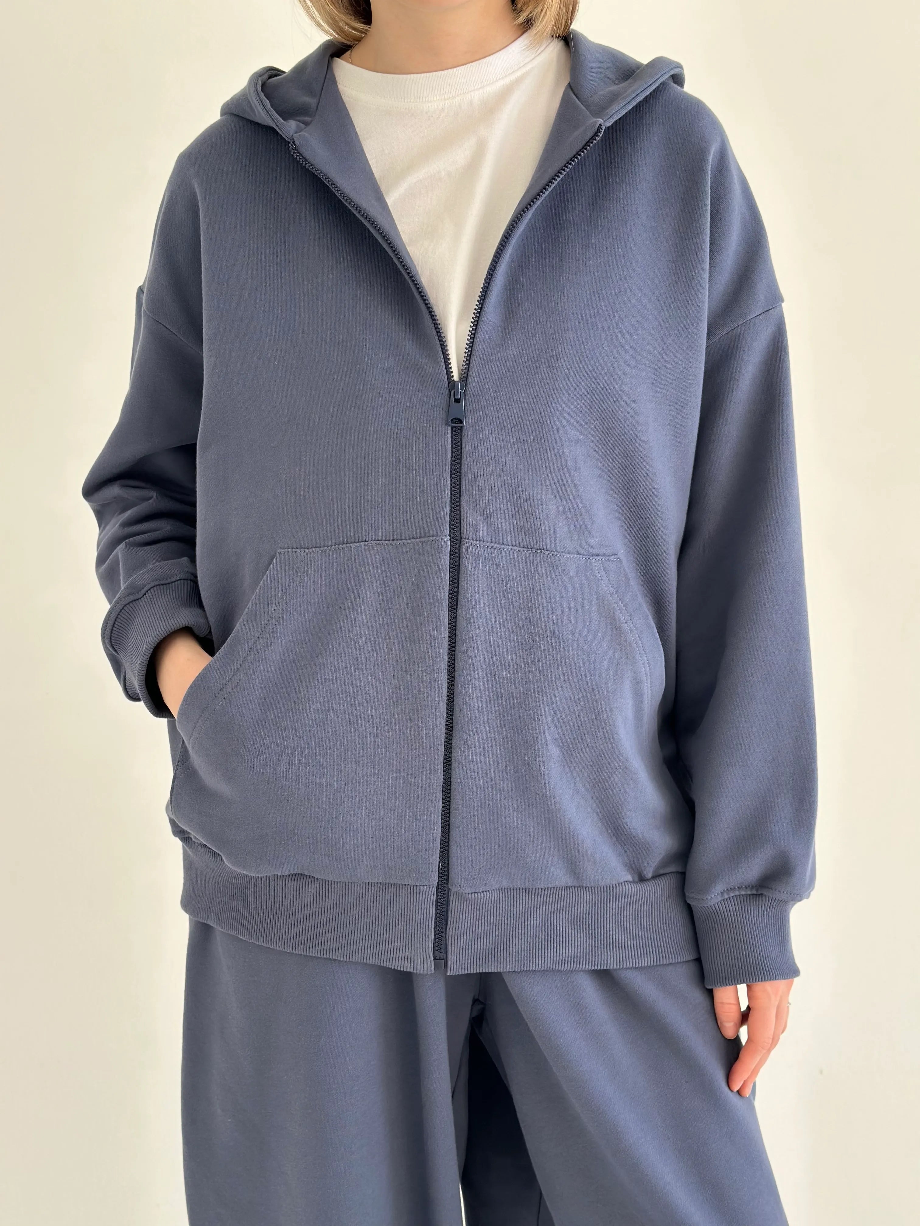 Cotton Sweatshirt with a hood and a zipper, knitwear 3-ply, blue