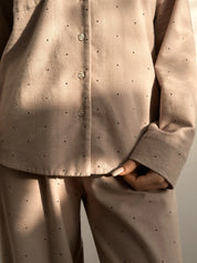 Flannel pajama set beige with small polka dots