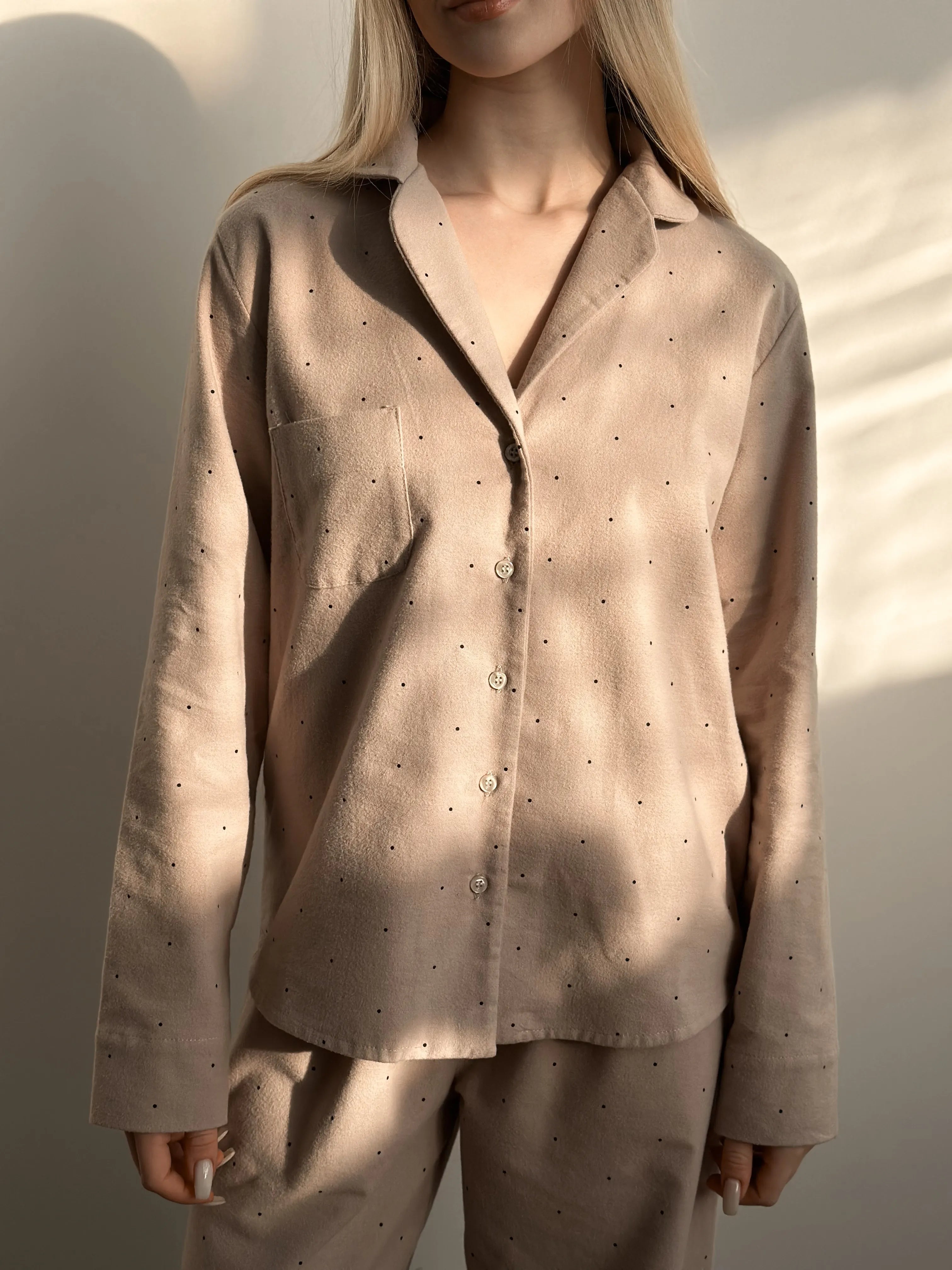 Flannel pajama set beige with small polka dots