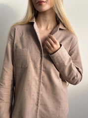 Flannel pajama set beige with small polka dots