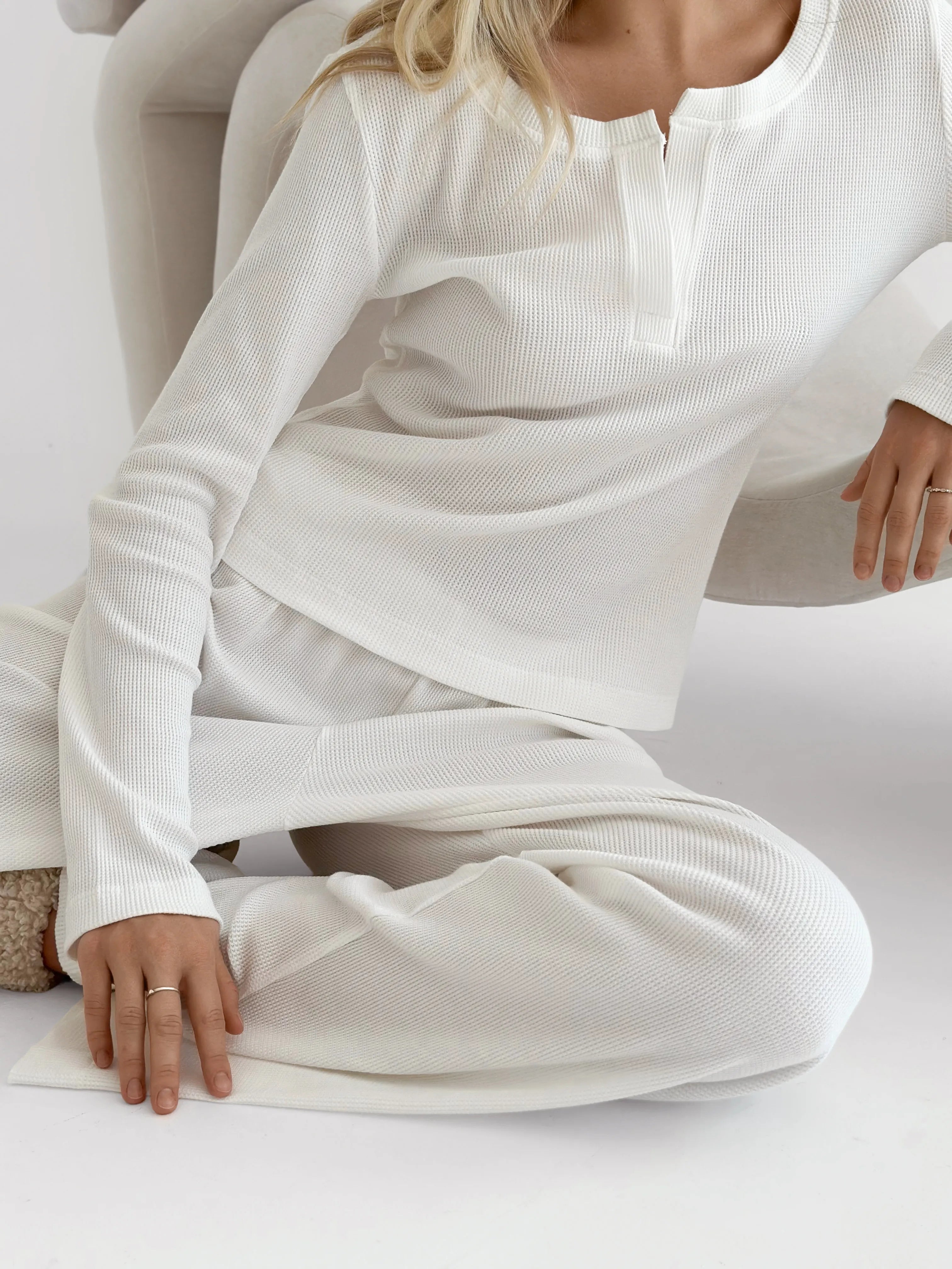 Wide-leg pants waffle knit milky