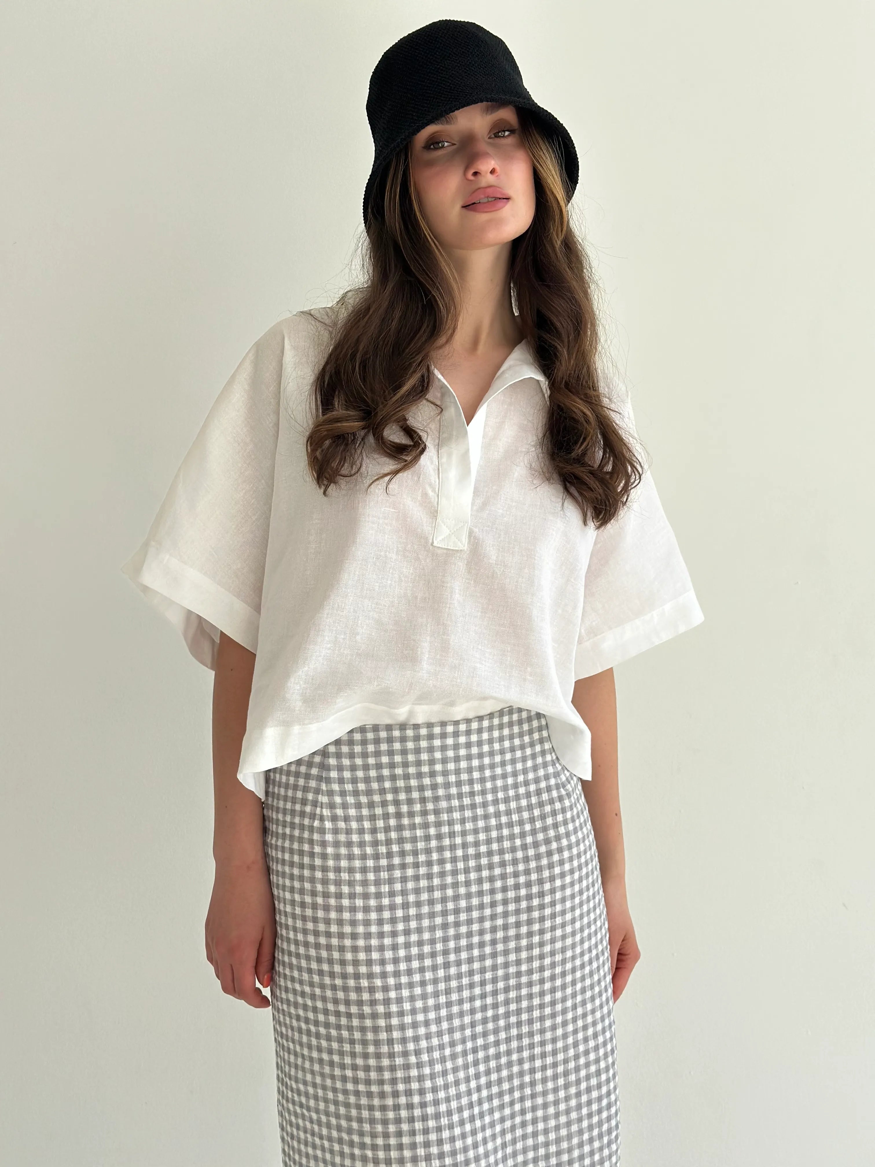 Muslin 2-layer Midi skirt, gray check on milky