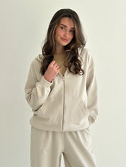 Cotton Sweatshirt with a hood and a zipper, knitwear 3-ply, beige