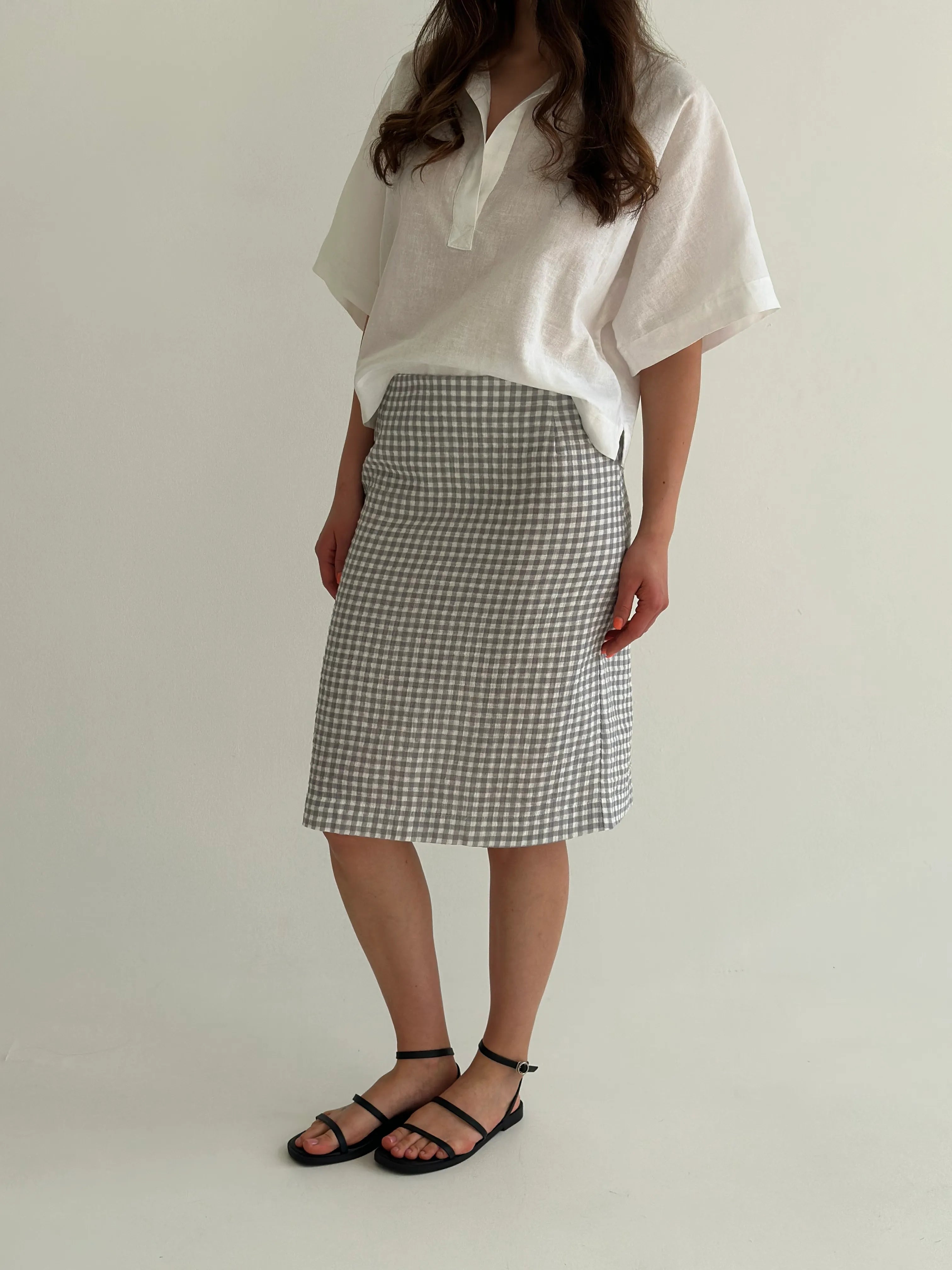 Muslin 2-layer Midi skirt, gray check on milky