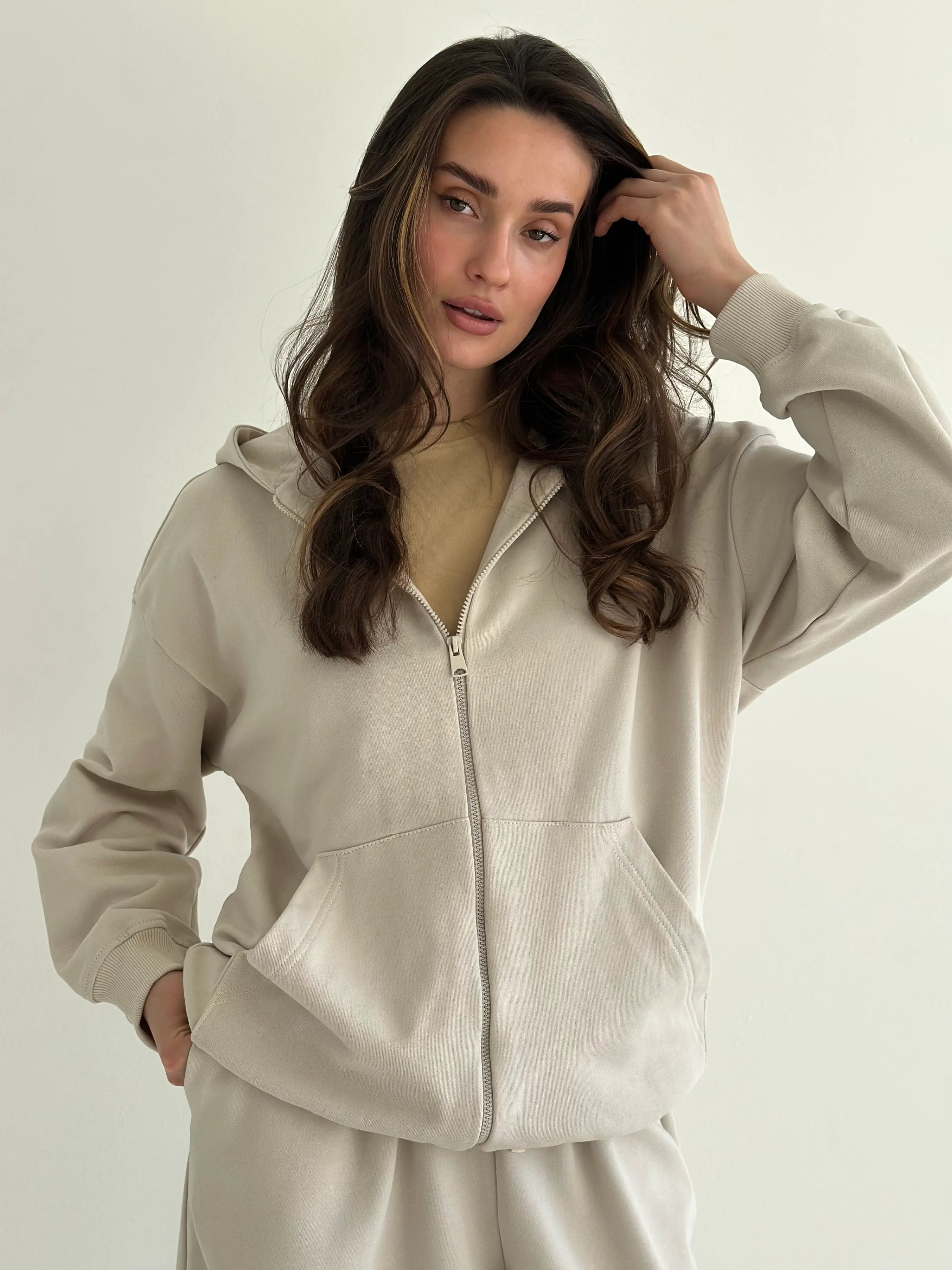 Cotton Sweatshirt with a hood and a zipper, knitwear 3-ply, beige
