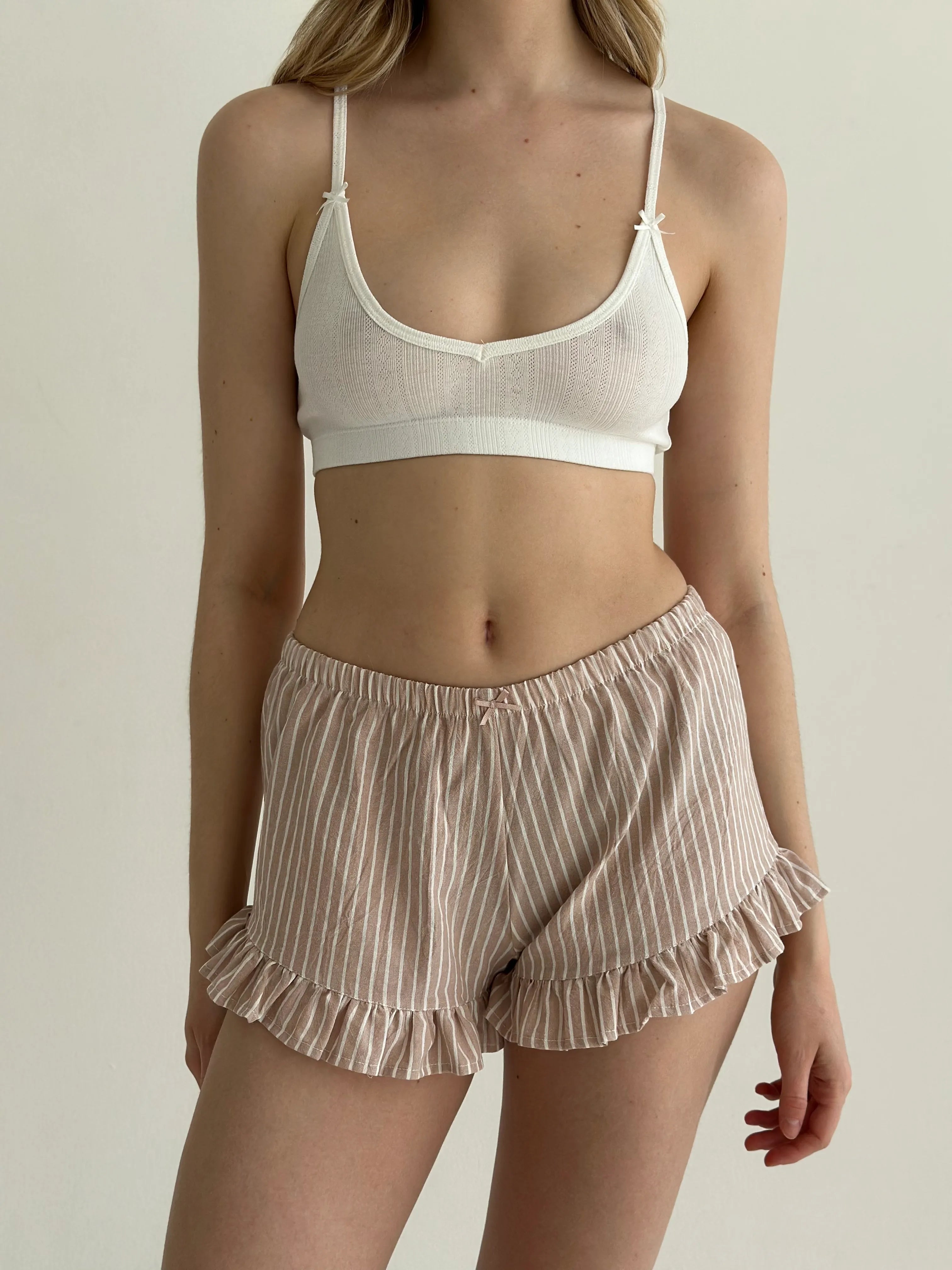 Shorts striped cotton ruffle beige/white