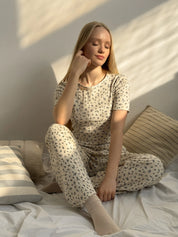 Ribbed wide pants milky blue with a little flower