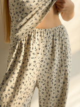 Ribbed wide pants milky blue with a little flower