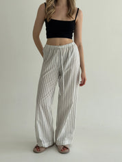 Cotton wide stripe trousers with drawstring milk/black