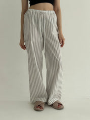 Cotton wide stripe trousers with drawstring milk/black