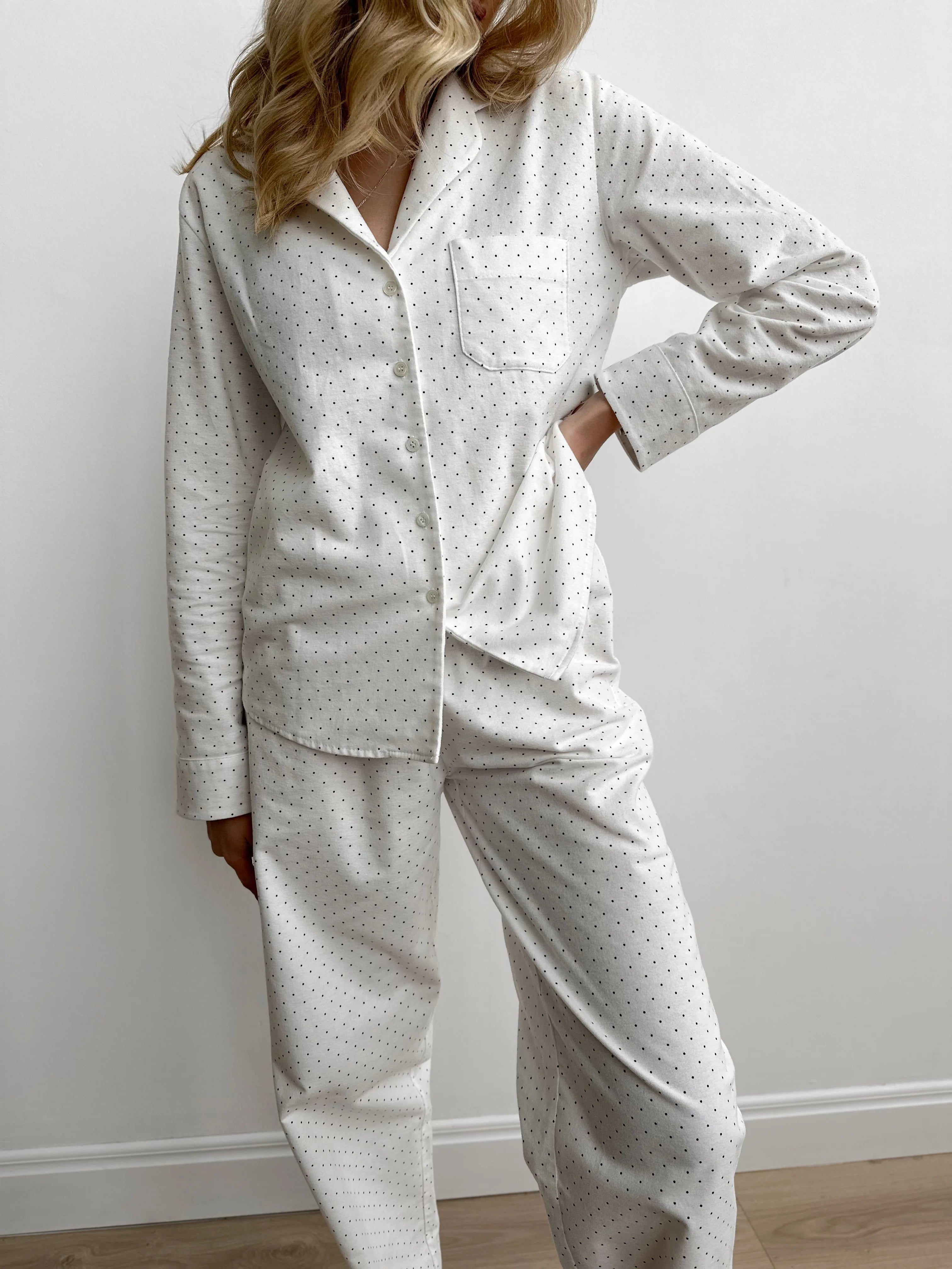 White flannel pajamas with small dots