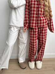 White flannel pajamas with small dots