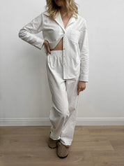 White flannel pajamas with small dots