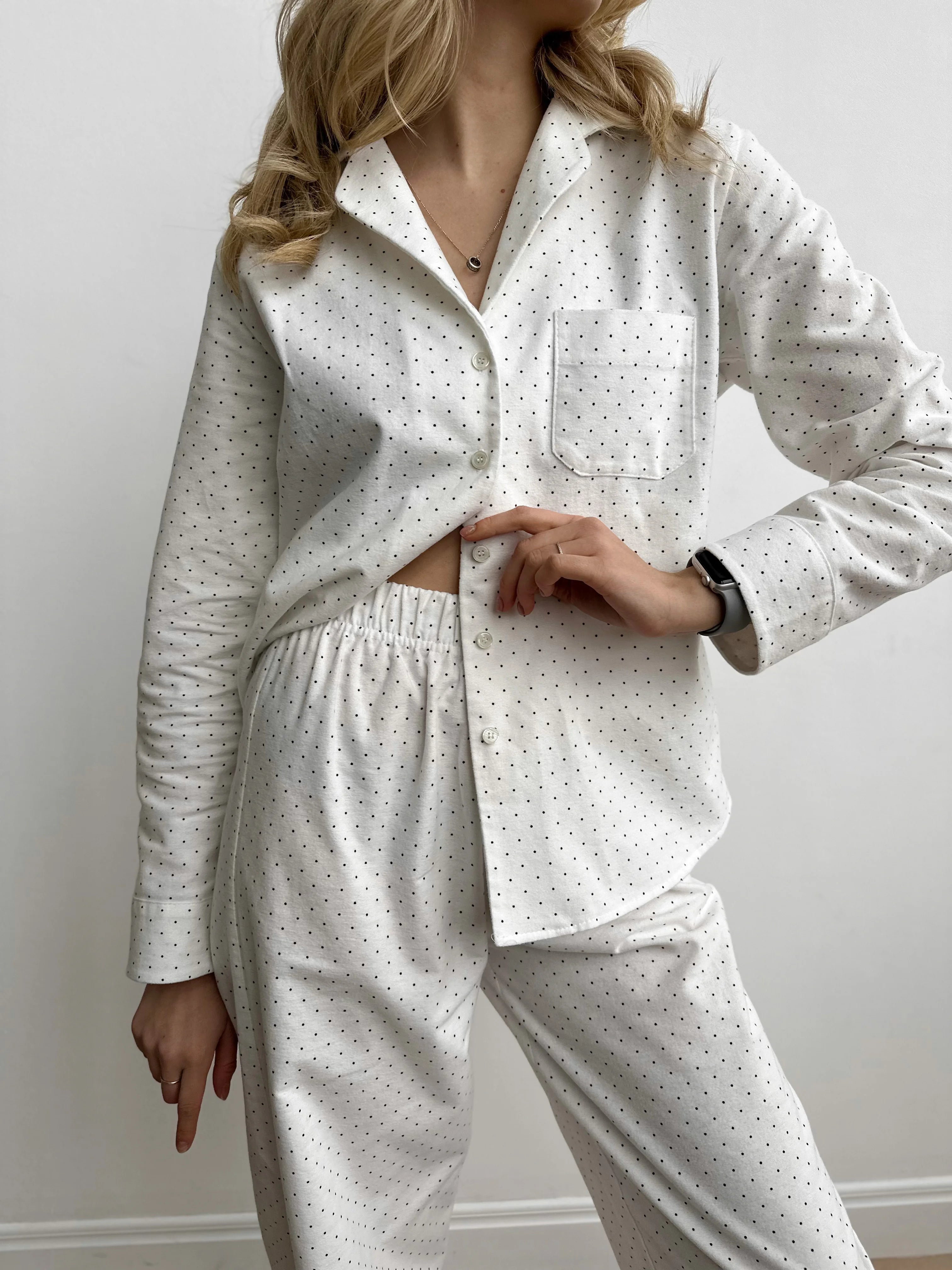 White flannel pajamas with small dots