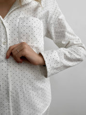 White flannel pajamas with small dots