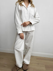 White flannel pajamas with small dots
