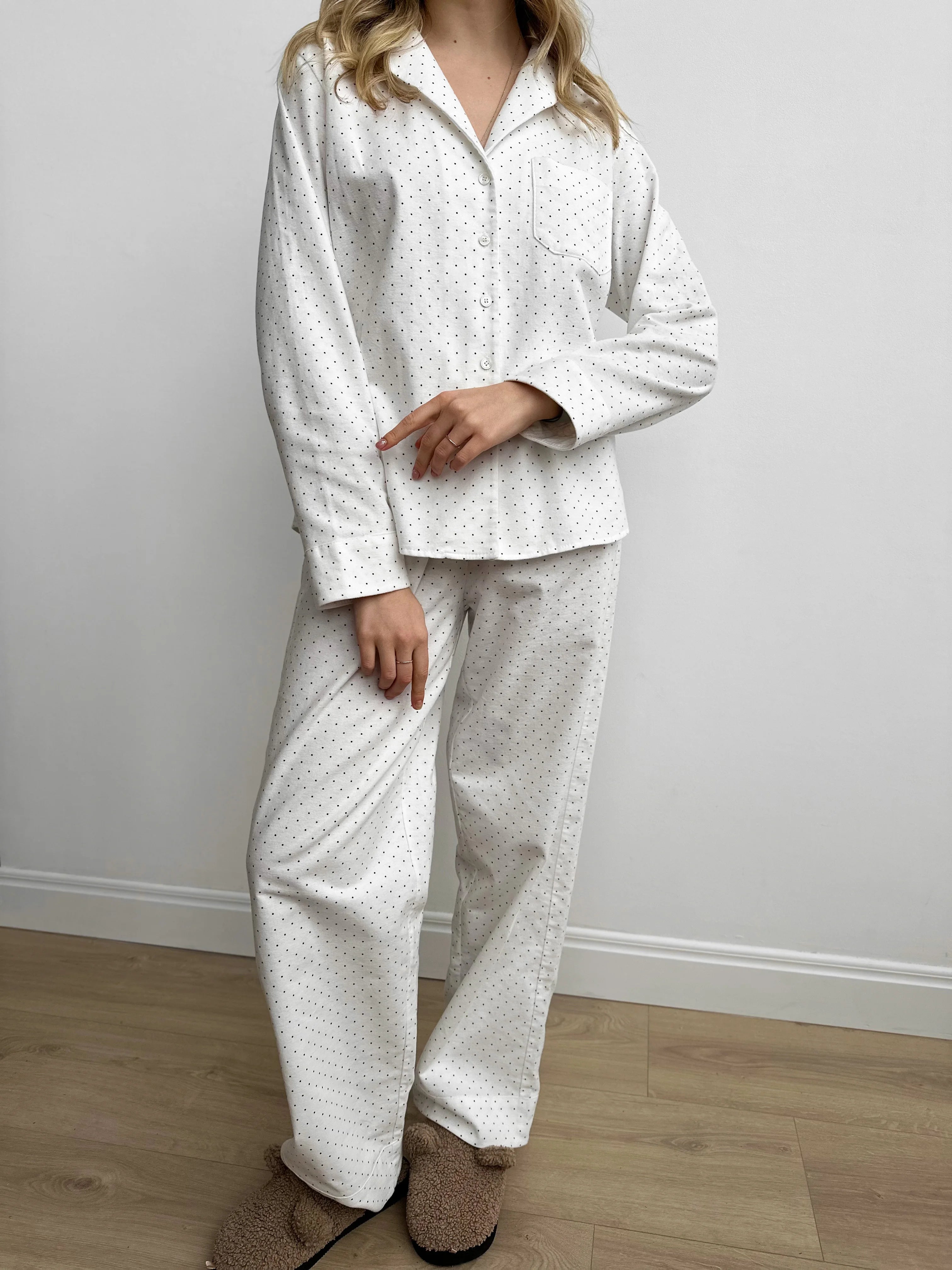 White flannel pajamas with small dots