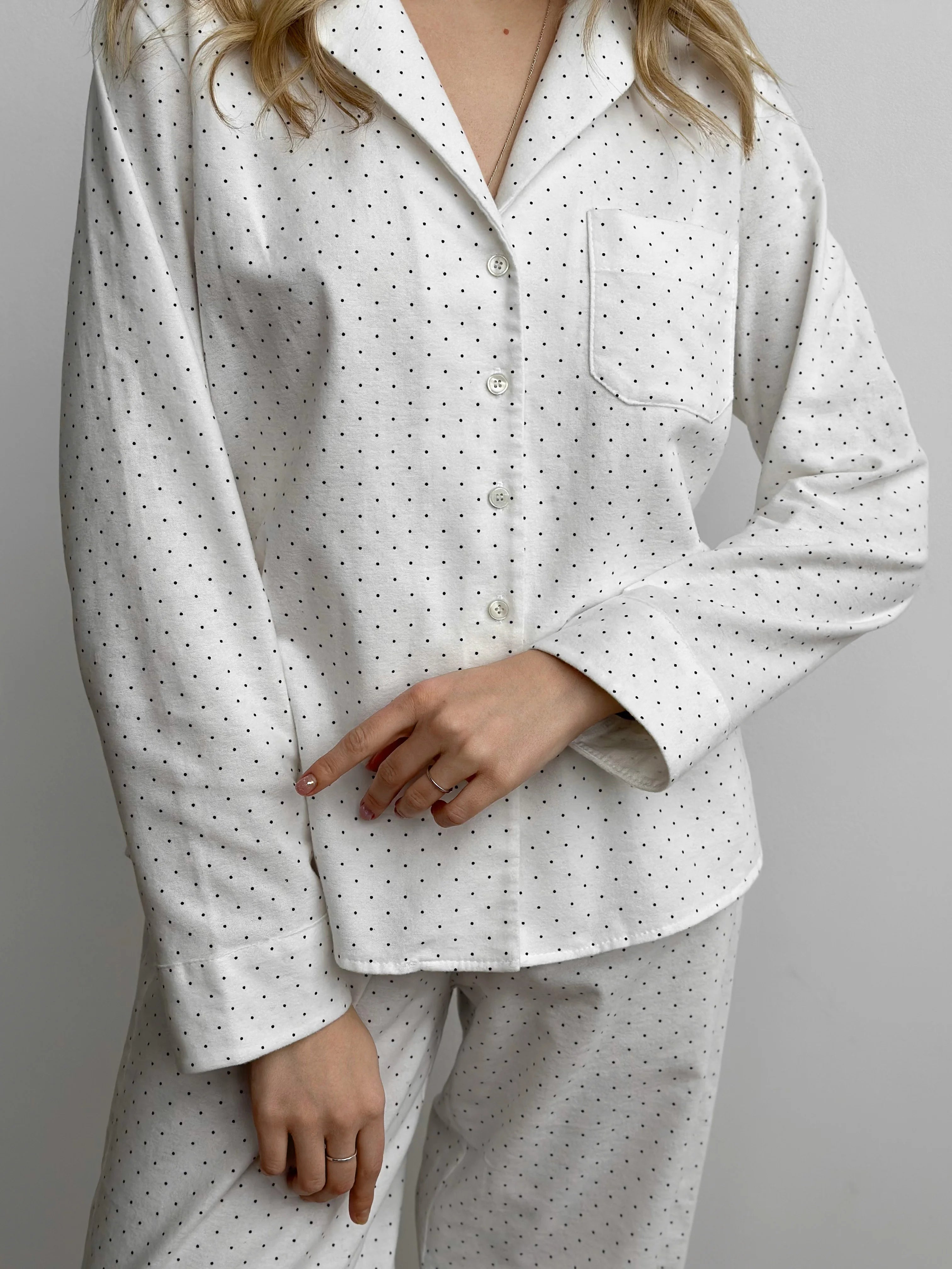 White flannel pajamas with small dots