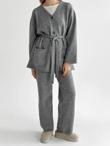 Set knitted cardigan with belt and gray pants