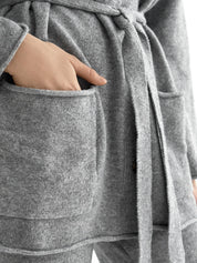 Set knitted cardigan with belt and gray pants