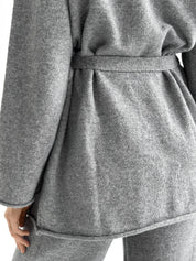 Set knitted cardigan with belt and gray pants