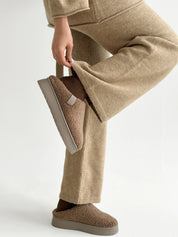Set knitted cardigan with belt and beige pants