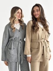 Set knitted cardigan with belt and gray pants