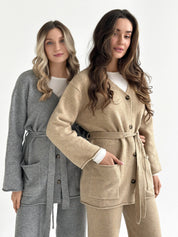 Set knitted cardigan with belt and gray pants