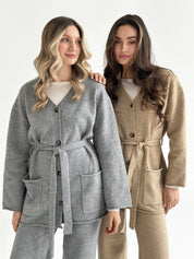 Set knitted cardigan with belt and gray pants